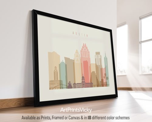 Austin city skyline print rendered in a warm Pastel Cream palette with landscape orientation by ArtPrintsVicky