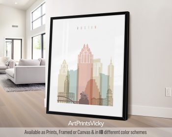 Art print featuring a stylized skyline of Austin with various building shapes and colors.
