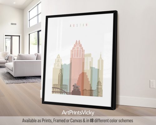 Pastel white Austin city skyline poster featuring the Texas State Capitol by ArtPrintsVicky