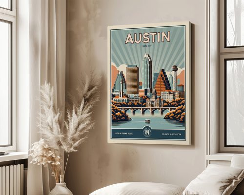 Retro-style poster depicting the skyline of Austin, Texas with notable buildings and the Colorado River.