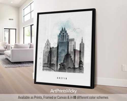 Austin city skyline print featuring iconic bridges, eclectic architecture, and the vibrant cityscape in a bold Urban 1 style with strong lines, by ArtPrintsVicky.