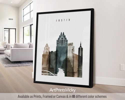 Austin skyline featuring iconic landmarks and vibrant architecture in a contemporary and expressive Earthy Watercolor 2 style, by ArtPrintsVicky.