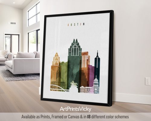 Austin Skyline Poster in Vibrant Watercolors by ArtPrintsVicky