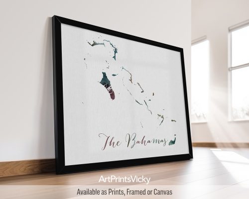 Earthy watercolor print of The Bahamas map, with "The Bahamas" written across the islands in handwritten script, on a textured background. Perfect for lovers of tropical islands, Caribbean escapes, and beachy landscapes by ArtPrintsVicky.