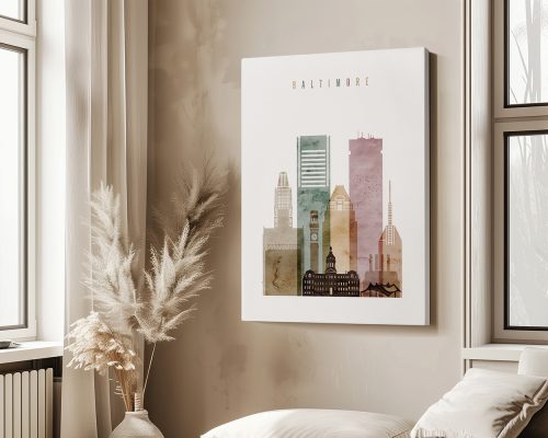 Art print featuring a stylized cityscape of Baltimore with various building silhouettes.