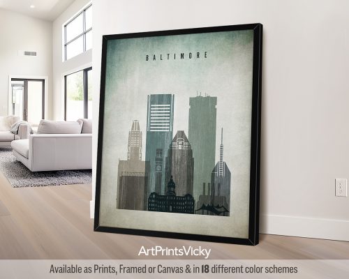 A "distressed 3" style skyline poster of Baltimore, featuring the Ihistoric architecture, and a bold, textured aesthetic. Perfect for lovers of Baltimore and edgy urban artwork by ArtPrintsVicky.