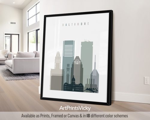 Minimalist Baltimore skyline print featuring the Inner Harbor, historic architecture, and vibrant cityscape in a cool, natural Earth Tones 4 palette, by ArtPrintsVicky.