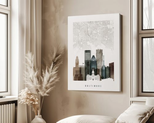 Map of Baltimore featuring key buildings and landmarks in a minimalist design.