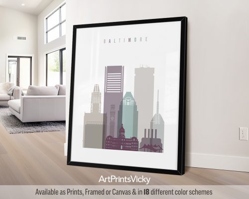 Baltimore skyline featuring iconic landmarks and the harbor in a cool, minimalist Pastel 2 palette by ArtPrintsVicky.