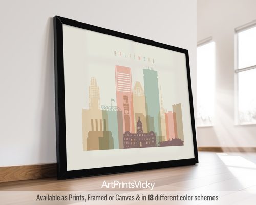 Baltimore skyline landscape featuring the Inner Harbor, historic architecture, and vibrant cityscape in a warm, minimalist Pastel Cream palette, by ArtPrintsVicky.