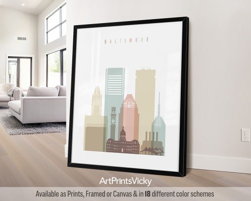 Pastel white Baltimore city skyline poster featuring the iconic landmarks by ArtPrintsVicky