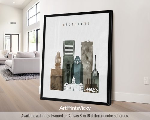 Baltimore city skyline print featuring the historic architecture, and vibrant cityscape in a rich and textured earthy Watercolor 2 style, by ArtPrintsVicky.