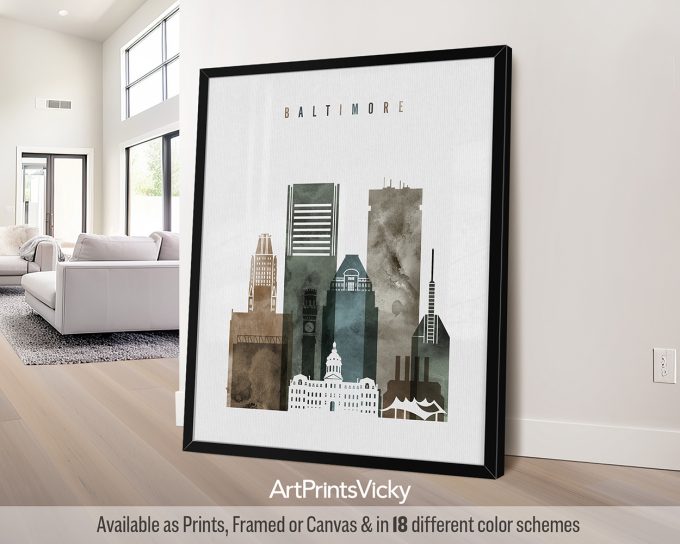 Art print of the Baltimore city skyline featuring various buildings in muted colors.