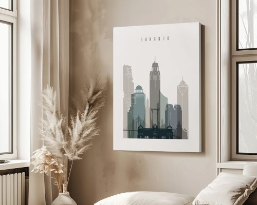 Stylized artwork of Bangkok's skyline featuring various buildings in muted colors.