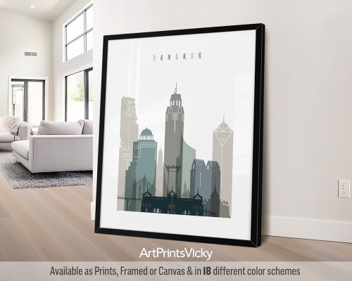 Bangkok minimalist city print in cool Earth Tones 4 style. Geometric shapes depict temples and skyscrapers by ArtPrintsVicky