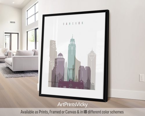 Bangkok wall art print featuring iconic temples, and a vibrant cityscape in a cool and sophisticated Pastel 2 style. by ArtPrintsVicky.