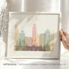 Art print featuring a stylized illustration of the Bangkok city skyline in soft colors.