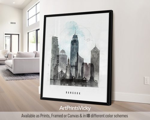 Bangkok skyline with iconic temples, skyscrapers, and the vibrant cityscape in a minimalist Urban 1 style with bold lines, by ArtPrintsVicky.