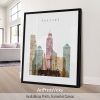 Art print featuring a stylized cityscape of Bangkok with various skyscrapers and buildings.