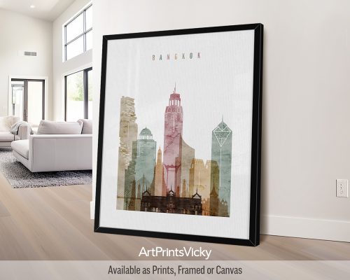 Bangkok skyline featuring iconic temples, skyscrapers, and bustling streets in a warm and textured Watercolor 1 style by ArtPrintsVicky.