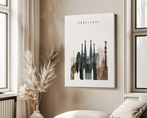 Art print featuring a silhouette of Barcelona's skyline with notable architectural elements.