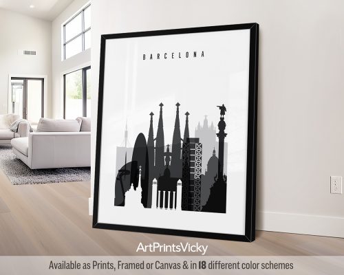 Black and white Barcelona skyline art print by ArtPrintsVicky