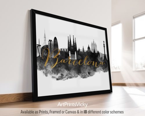 Black and white Barcelona skyline poster with faux gold lettering "Barcelona", by ArtPrintsVicky