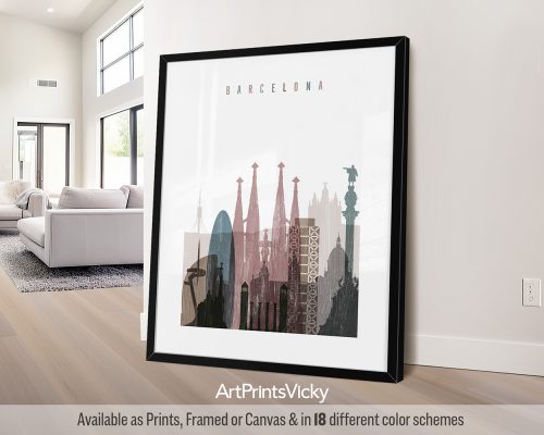 A "distressed 1" style poster of Barcelona, featuring La Sagrada Familia, and a textured, weathered aesthetic. Perfect for lovers of Barcelona and those who appreciate time-worn, historic beauty by ArtPrintsVicky.