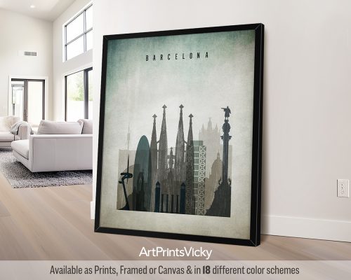 A "distressed 3" style poster of Barcelona, featuring La Sagrada Familia, and a bold, textured aesthetic. Perfect for lovers of Barcelona and edgy, urban artwork by ArtPrintsVicky.