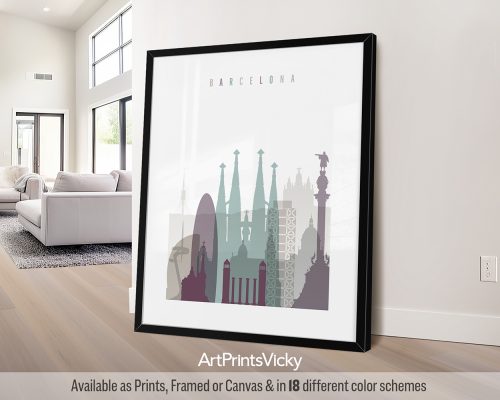 Barcelona modern skyline wall art print featuring the Sagrada Familia, iconic landmarks, and vibrant cityscape in a cool and sophisticated Pastel 2 style. by ArtPrintsVicky.