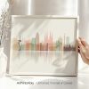Art print of a stylized Barcelona cityscape featuring notable landmarks in pastel colors.
