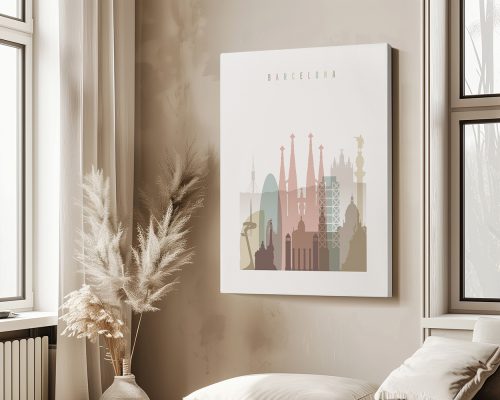Art print featuring a stylized silhouette of Barcelona's iconic landmarks in muted colors.
