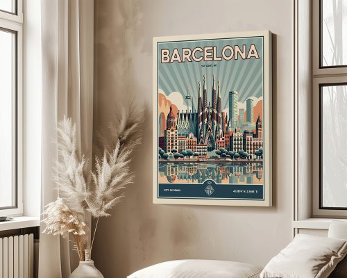 Retro art print of Barcelona featuring the Sagrada Familia and city skyline in a stylized design.