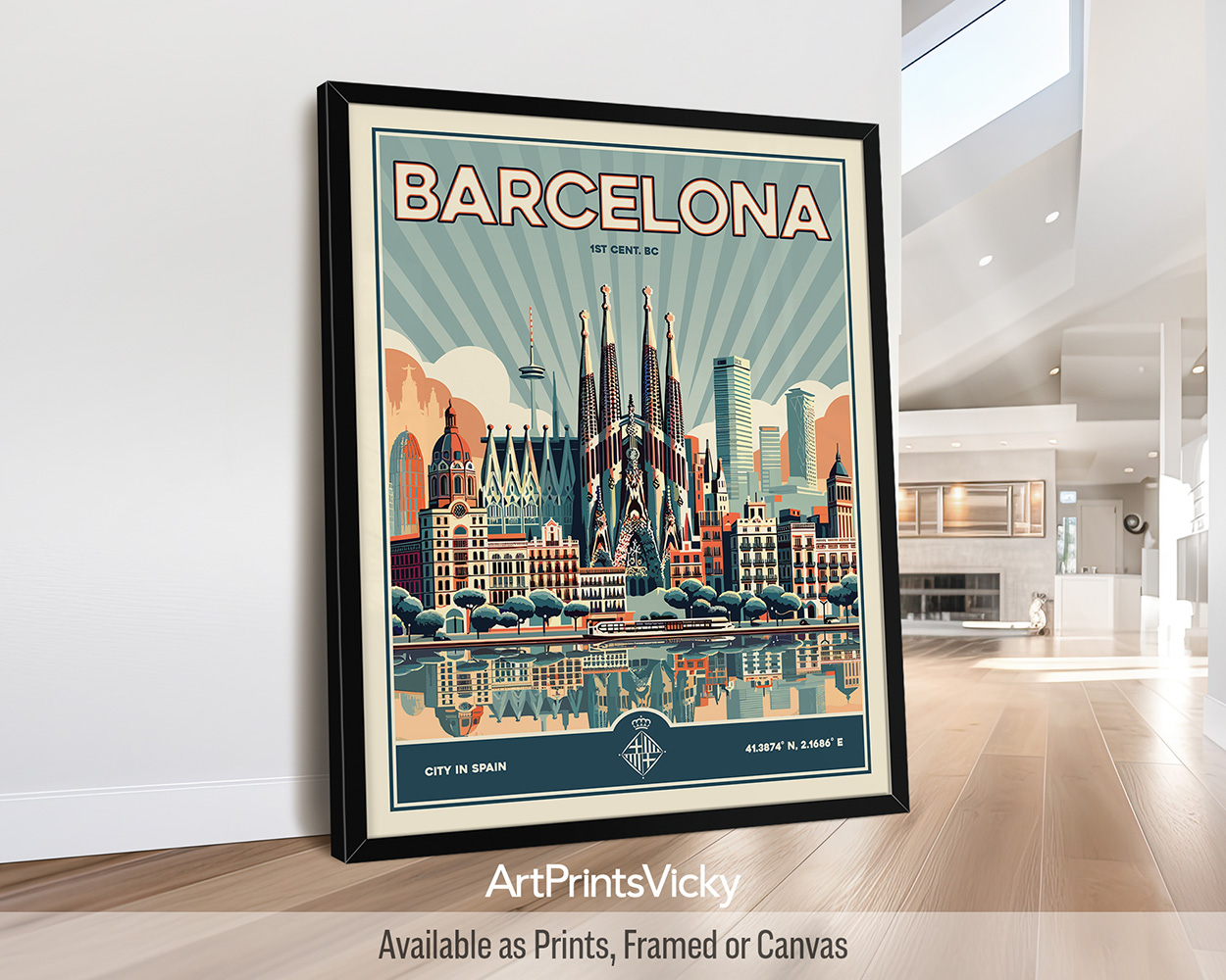 Barcelona Poster Inspired by Retro Travel Art by ArtPrintsVicky