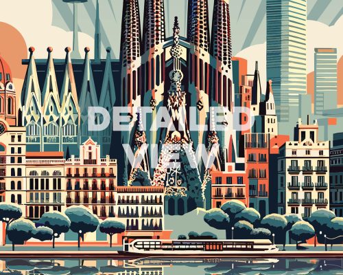 Illustration of a Barcelona cityscape featuring the Sagrada Familia and surrounding buildings.