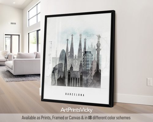 An "urban 1" style art print of the Barcelona skyline, featuring iconic landmarks, and a textured, contemporary edge. Perfect for lovers of Barcelona and urban landscapes by ArtPrintsVicky.