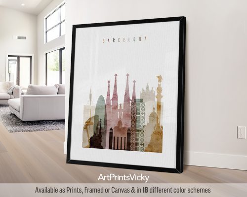 Watercolor Cityscape Print: Barcelona Skyline