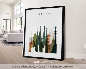 Art print featuring a stylized silhouette of Barcelona's iconic landmarks in various colors.