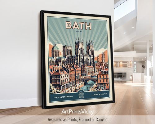 Bath City Poster Inspired by Retro Travel Art