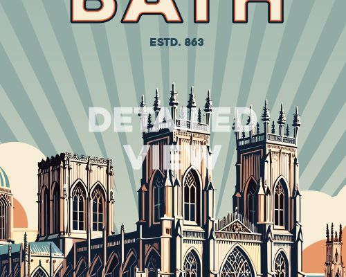 Illustration of Bath's historic architecture with a retro design and sunburst background.
