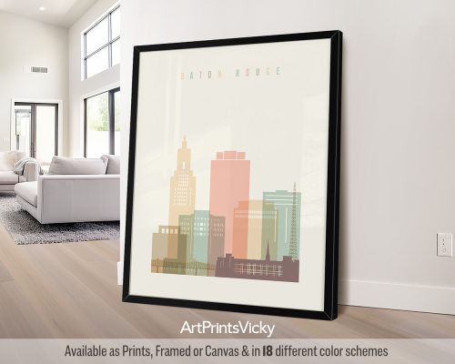Baton Rouge skyline featuring historic landmarks and buildings in a warm Pastel Cream palette, by ArtPrintsVicky.