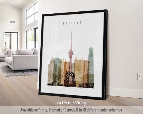 Beijing skyline featuring iconic temples, modern skyscrapers, and bustling streets in a warm and textured Watercolor 1 style by ArtPrintsVicky.