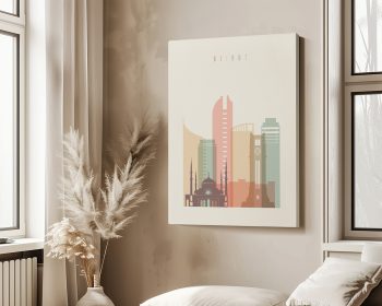 Art print of a stylized cityscape of Beirut featuring notable buildings and structures.