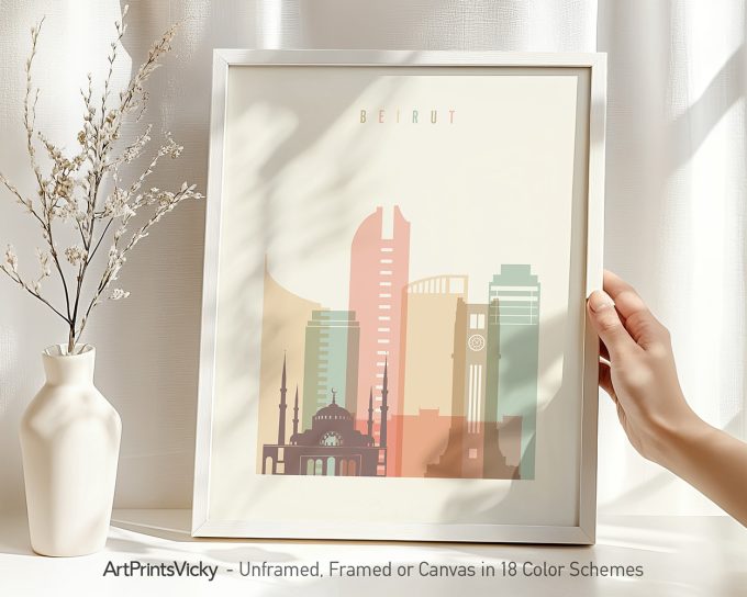 Art print of a stylized Beirut cityscape featuring modern buildings and a mosque.