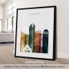 Art print featuring a stylized cityscape of Beirut with various buildings and a mosque.