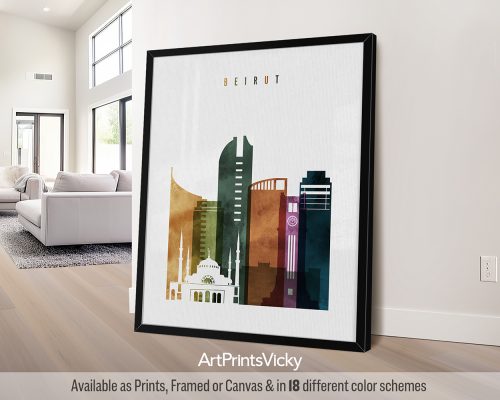 Beirut skyline featuring iconic landmarks and diverse architecture in a vibrant and textured Watercolor 3 style, by ArtPrintsVicky.