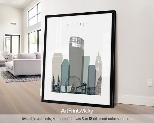 Belfast minimalist city print in cool Earth Tones 4 style. Geometric shapes depict historic landmarks and modern icons by ArtPrintsVicky