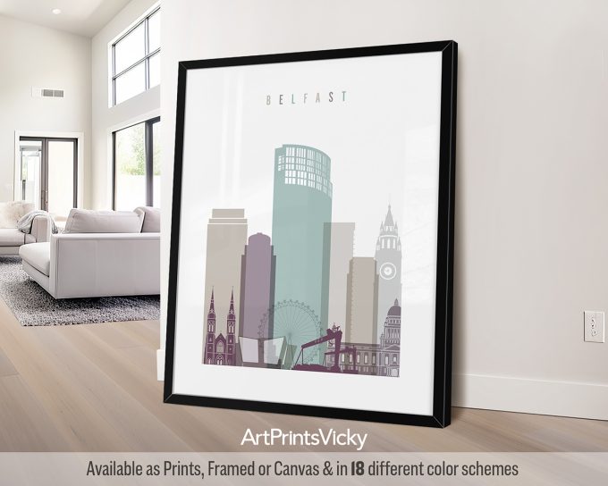Framed artwork of Belfast cityscape featuring various buildings and landmarks in muted colors.