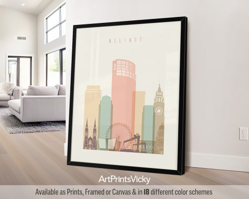 Belfast city skyline print in a warm Pastel Cream color theme by ArtPrintsVicky
