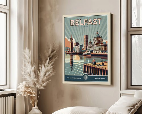 Retro-style artwork depicting the city of Belfast with notable buildings and a waterfront view.
